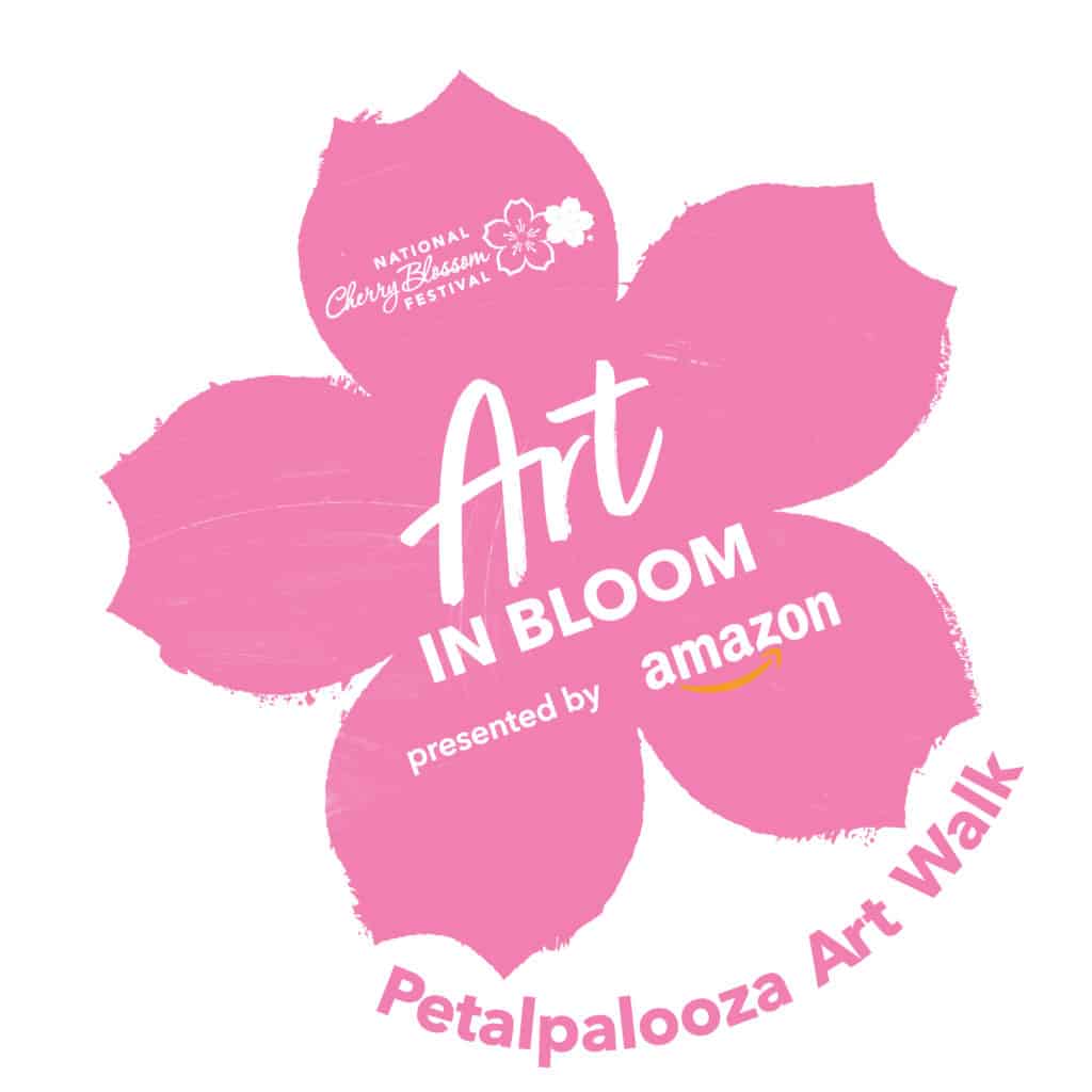 LOGO OF PETALPALOOZA ART WALK, PINK CHERRY BLOSSOM WITH ART IN BLOOM TEXT AND PETALPALOOZA BELOW.