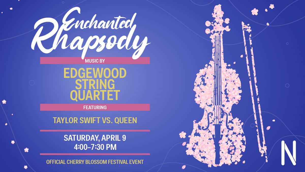 Post shares event near Washington DC, things to do during the National Cherry Blossom Festival. Image of violin made of cherry blossom. Text reads Enchanted Rhapsody with the Edgewood String Quartet. Taylor Swift vs. Queen. Saturday, April 9 4:00 to 7:30 PM.