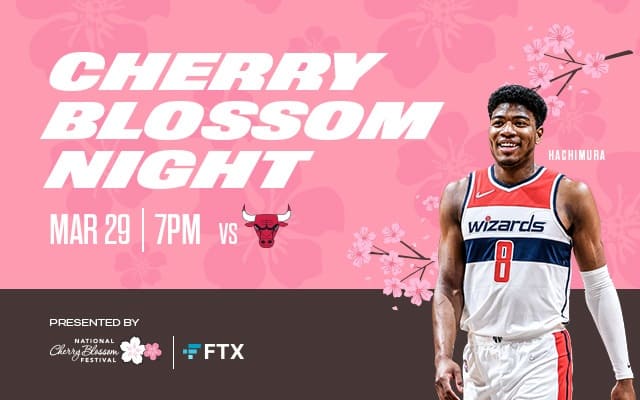 Image of Cherry Blossom Night, a basketball game that features special cherry blossom events. Background is pink; Wizards and Chicago Bull featured. March 29.